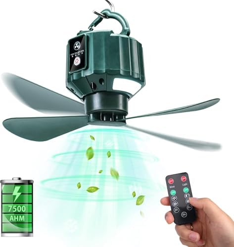 DUKUSEEK Tent Ceiling Fans, Portable Tent Fans with Light and Remote Control, Power Bank, USB Battery Operated Camping Fan with Hanging Hook for Canopy Tent, RV