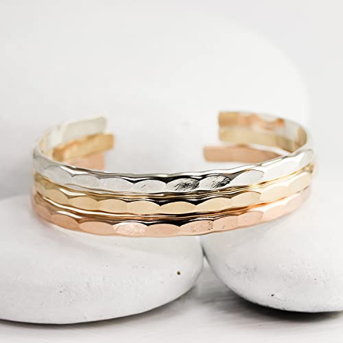 Wide Hammered Cuff Bracelet; Solid Sterling Silver Bangle With Hammered Texture; Women's Stacking Cuff By Lotus Stone Design (S, Silver) #TOP2
