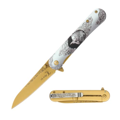 Elk Ridge Premium Decorative Folding Knife, 8 Inch Overall Length, Gold Handle with Bear Engraved Design, 3.5 Inch Stainless Steel Blade, Camping, Hunting, Collectible