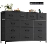 Casaottima Dresser for Bedroom with Charging Station, 55' Long Dresser with 13 Storage Drawers, Large Fabric Dressers Chests of Drawers with Shelves, Black
