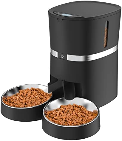Automatic Cat Feeder, WellToBe Pet Feeder Food Dispenser for Cat & Small Dog with Two-Way Splitter and Double Bowls, up to 6 Meals with Portion Control, Voice Recorder - Battery and Plug-in Power