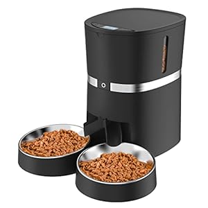 Automatic Cat Feeder, WellToBe Pet Feeder Food Dispenser for Cat & Small Dog with Two-Way Splitter and Double Bowls, up to 6 Meals with Portion Control, Voice Recorder – Battery and Plug-in Power