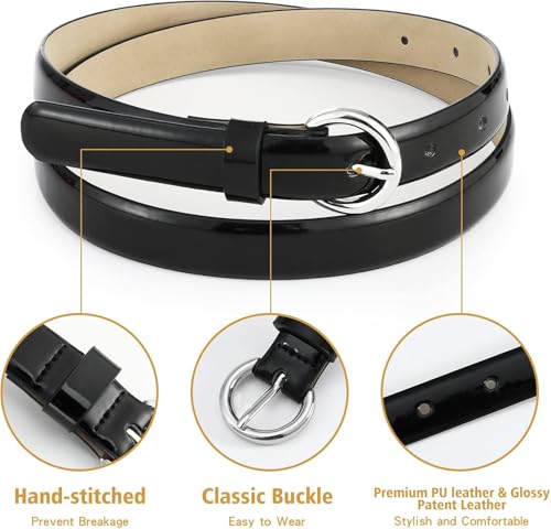 Black Patent Genuine Leather Thin Belts for Women, Waist Belts for Dress, Skinny Women Belt for Jeans Casual Belt4