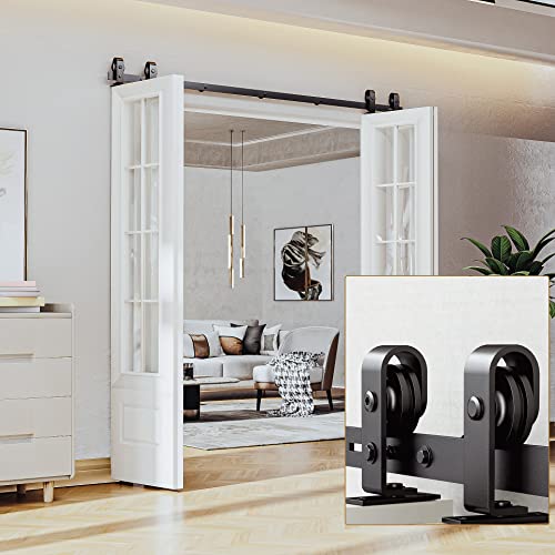 AWDIA 65\" Bifold Barn Door Hardware Kit for 4 Doors, Black Track and Top Mounted Heavy Duty Roller Bi-Folding Sliding Barn Door Hardware Kit, Fit Door Width 4X16 (T Shape, 65\" for 4 Doors)