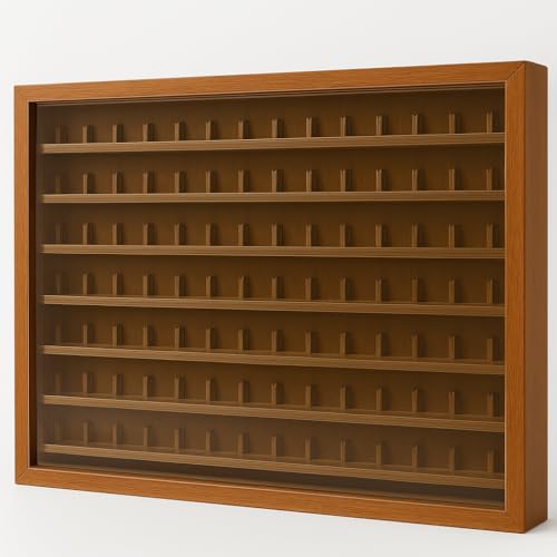 GRECA Vitrina Colecciones dedales. Capacidad: 98 dedales. Medidas (Ancho/Fondo/Alto): 50 * 5 * 40 cms. Acabado Barniz Roble.