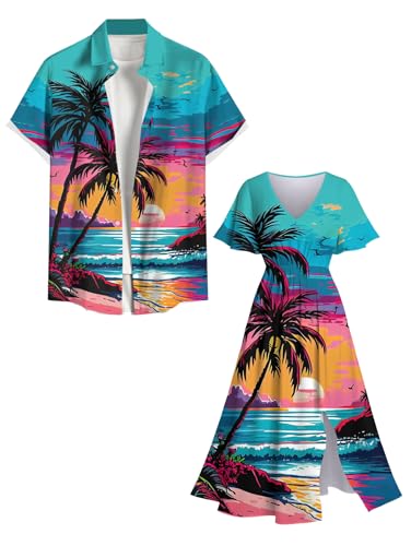 Image of Matchable Couple Hawaiian Sea Beach Starfish Turtle Shell Print Shirt or Plus Size Midi Split A Line Dress