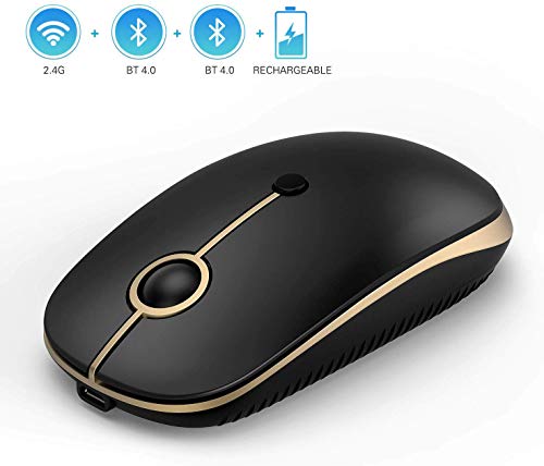 Jelly Comb Souris sans Fil USB +Bluetooth1 +Bluetooth2 Souris Rechargeable Silencieux Ordinateur PC Windows, Mac OS, Android-3 Niveaux DPI réglable, Noir et Or