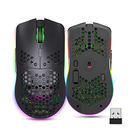 Ratón inalámbrico ligero para videojuegos, 2.4 G, recargable con carcasa de panal, retroiluminación RGB, 7 botones, DPI ajustable, receptor USB, ratón con sensor óptico ergonómico para PC Mac Gamers