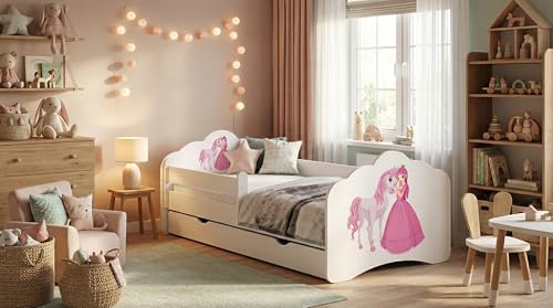 Happy Babies MOBI - Kinderbett 160 x 80 | Kinderbett mit Rausfallschutz & Bettkasten | Jugendbett mit farbigem Aufkleber | Bett mit Matratze 80x160 | Kinder-Bett für Mädchen & Jungen WIESS (M03)