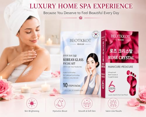Image of FACIAL KIT (BEOTKKOT Korean Glass Facial Kit (10-Step) + Rose Crystal Manicure Pedicure Kit (6-Step) Combo)