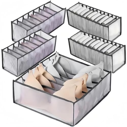 thumbgeek Cajas Organizadoras Plegables para Cajón, Organizadores de Nylon para Ropa Interior, Calcetines, Motivo a Cuadros (5 Piezas Gris)