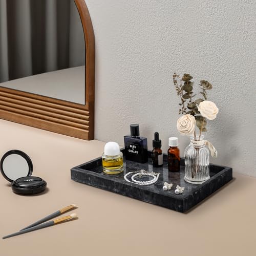 Image of Real Natural Marble Tray for Bathroom, Vanity, Kitchen and Desktop, Rectangle Genuine Marble Stone Tray for Jewelry, Cosmetics, Candles, Lotion, Perfume and Home Decor Black