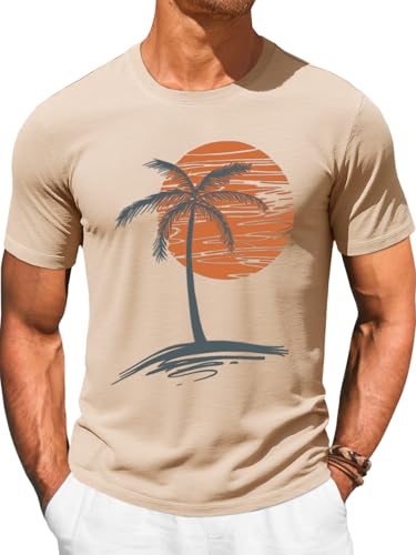 Runcati Mens Short Sleeve T-Shirts Graphic Crew Neck Casual Shirt Summer Beach Palm Tree Printed Vintage Hawaiian Tees Khaki