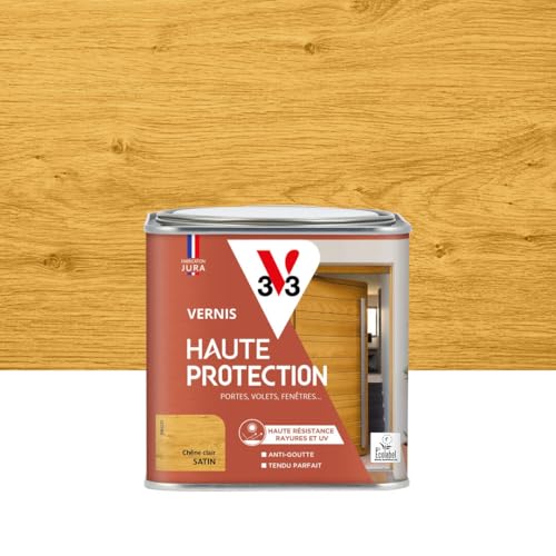 V33 Vernis bois extérieur Chêne clair satin - Haute Protection - Haute résistance rayures et UV - Anti-goutte et tendu bon - Ecolabel - 0,5L