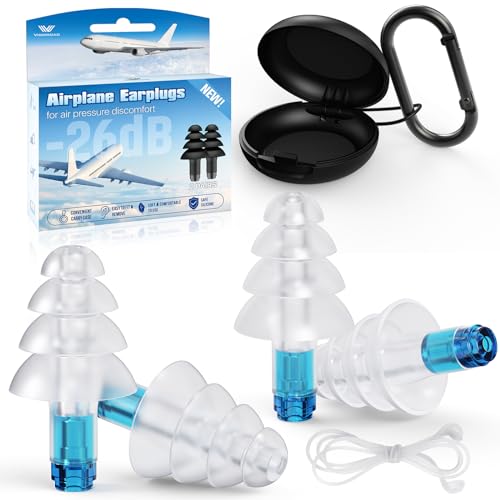 Ear Plugs for Airplane Pressure Relief, 2 Pairs Adults Silicone Reusable Airplane Earplugs 26dB, with Silicone Connector Cord, Travel Essentials for Flying, Ear Protection Earplugs for Plane,Moto