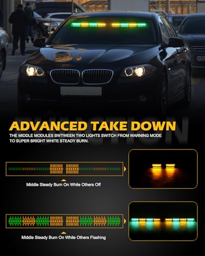 HLauto 604N Emergency Dash Strobe Lights: 2x16.8 inch Green Amber Security Light w/Take Down, 48 LED Safety Flashing Warning Hazard Interior Windshield Light Bar for Trucks Vehicles - Thumbnail 4