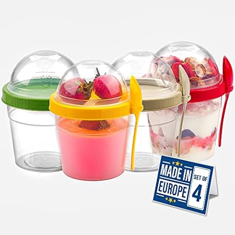 CRYSTALIA Reusable Yogurt Pot Set of 4 500ml, 100%BPA Free Cereal Travel Container Breakfast Pots to Go, Dishwasher Safe Porridge Container Yoghurt Pots with Screw Lids Granola Pots Overnight Oats Pot Cover