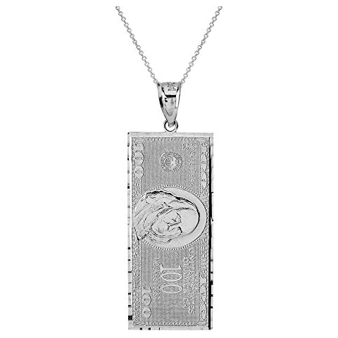 Hip Hop Jewelry 14K White Gold 1.4" Benjamin's One Hundred Dollar Bill Money $ Charm Pendant, 16" Cover