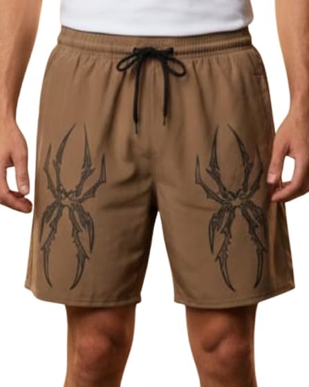Men's Athletic Shorts with Spider Print, Black Sports Shorts with Elastic Waist and Pockets for Running, Gym, Workout and Summer Activewear