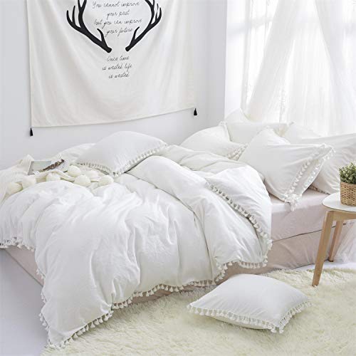 Softta Duvet Cover Full 3 Pcs Bohemian Duvet Covers Tassel And Ruffle White Girls Bedding 100% Washed Cotton With Zipper Close & Corner Ties #TOP3