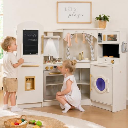 Large Wooden Corner Play Kitchen Sets with Ice Maker,Water Dispenser,Bread Maker,Washing Machine,Electronic Display,Toy Sink with Running Water,Stove with Light&Sounds, Birthday Gift for 3+Boys Girl by Buoyantkids - Used condition - US$206.19
