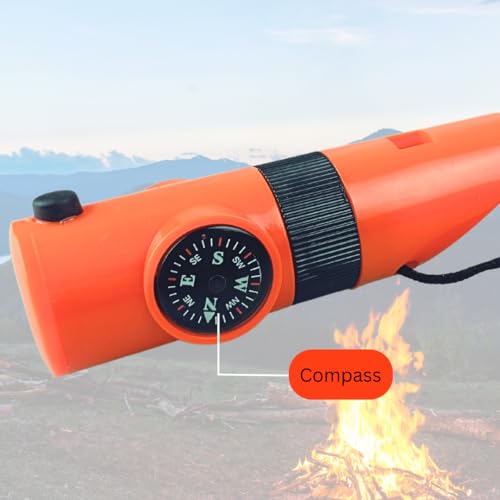 ADROIT 6 in 1 Survival Whistle | Compact Design 1" (2.5 cm) x 4" (10.2 cm) | LED, Compass, Thermometer & More | Orange High Visibility | 35" (88.9 cm) Lanyard | Essential for Adventure & Safety