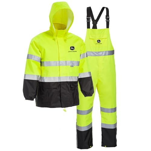 John Deere Hi-Visibility Rain Suit, ANSI Class 3, Poly Oxford with PU Backing, Hi-Vis Yellow/Black