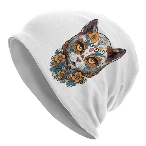 IUAOUADA Unisex Winter hat Day of The Dead Kitty Cat Sugar Skull Men Women Adult Beanies Caps Knitting Bonnet Hat Warm Hip Hop Autumn Winter Skullies Hats Gift