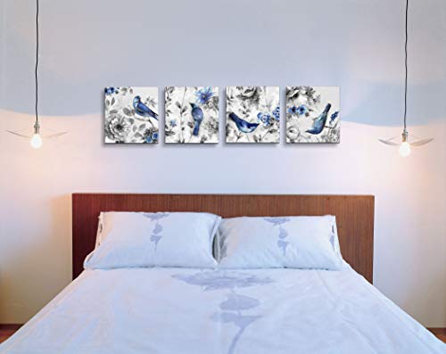 Canvas Wall Art Beautiful Watercolor Blue Bird And Flower Painting 4 Pcs Wall Art Print On Contemporary Home Bedroom Wall Decoration Wrapped With Wooden Frame Ready To Hang (12X12Inchx4Pcs, Blue1) #TOP1