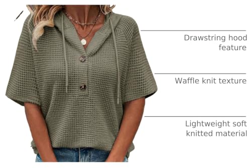 Image of Dokotoo Womens Summer Tops Waffle Knit Short Sleeve Lightweight Drawstring Hoodies Button V Neck Casual Blouses Shirts