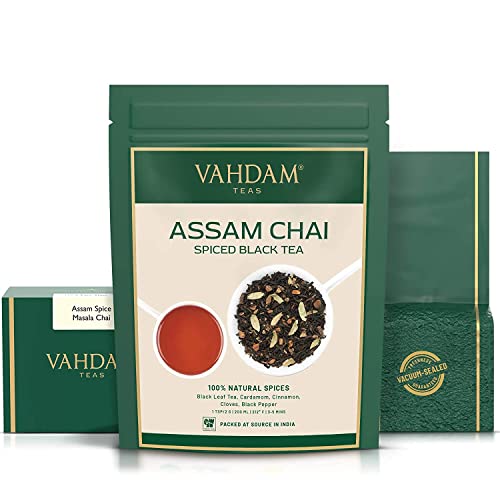 VAHDAM, Assam Spiced Masala Chai Tea | (200g, 100 tazas) | ESPECIAS 100% NATURALES | Té Assam, Cardamomo, Canela, Clavo, Pimienta Negra | Hojas de té chai con especias de la India