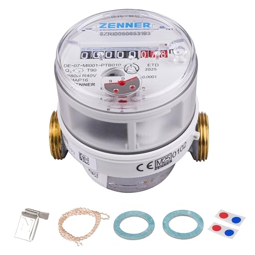 Medidor de agua Zenner Q3 = 2,5 agua fría + caliente, BL 80 mm 3/4 pulgadas conexión/calibración 2025