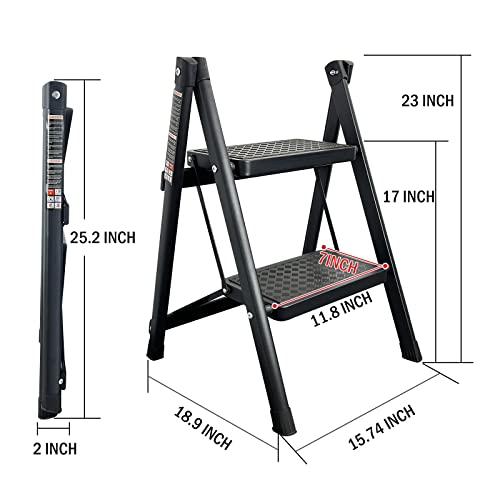 Krightlink 2 Step Ladder Folding Step Stool With Wide Anti-Slip Pedal, Portable & Foldable Folding Ladder Stool, Sturdy Steel Stepladder For Home Kitchen And Office - 300 Lbs Black #TOP5