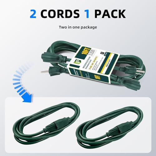 Image of EP 10FT Outdoor Extension Cord, 16 /3 SJTW Heavy Duty Green 2PK, ETL Listed
