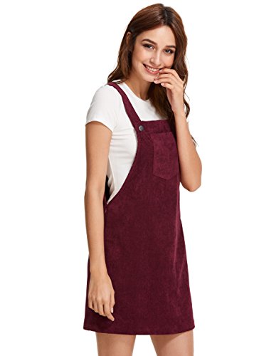 Romwe Women's Straps A-Line Corduroy Pinafore Bib Pocket Overall Dress Burgundy S #TOP2