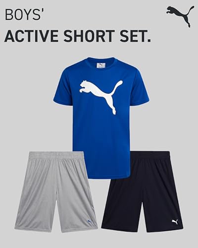 Image of PUMA Boys Active Short Set - 3 Piece Short Sleeve Logo Graphic Tee and Poly Interlock Mesh Shorts for Boys (Sizes: 4-16)