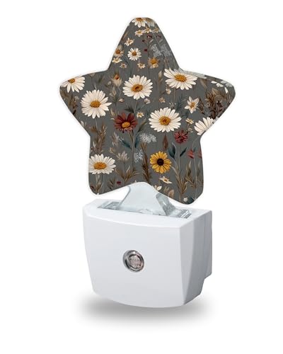 Image of Brown Flowers Night Lights Plug Into Wall,White Floral Dusk to Dawn Light Sensor Night Light for Kids,Energy Efficient Sleep Friendly Lamp for Bedroom Bathroom Nursery