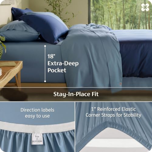 Image of Bedsure 100% Organically Grown Bamboo Viscose Queen Sheet Set | Cooling Bedsheets for Hot Sleepers | Luxury Silky Soft PureWoven | 18 inch Deep Pocket with Corner Straps | Oeko-Tex [Mineral Blue]