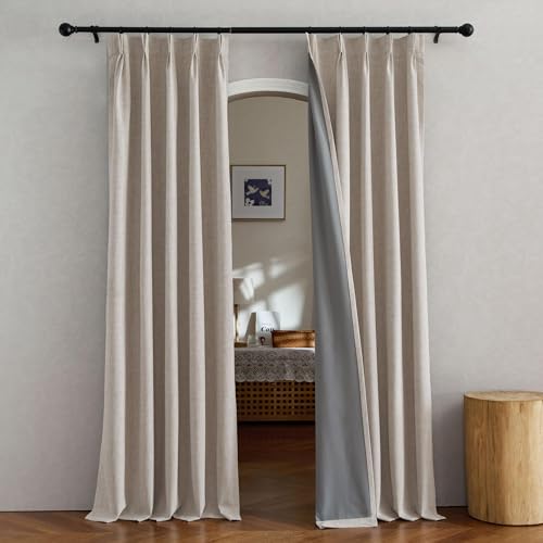NICETOWN 100% Blackout Living Room Curtains 96 inches Long, Pinch Pleated Linen Blend Thermal Curtains with Hooks Sound Reducing Window Treatments for
