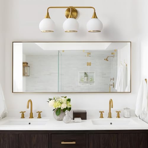 Image of Brushed Gold Bathroom Light Fixtures 3-Lights Vanity Lights with Milky White Frosted Glass Shade Bathroom Vanity Light 22.4 inch Wall Sconce Lighting Bath(Exclude E26 Bulb)