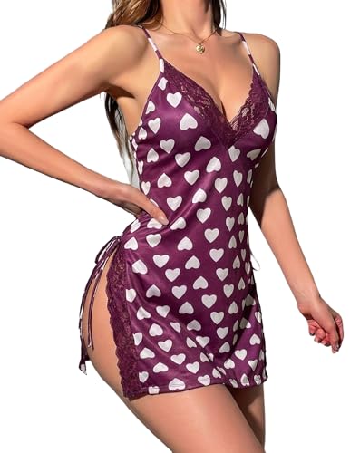 Image of Avidlove Women's Lingerie Sexy Nightgown Milk Silk Sleepwear Lace Babydoll Chemise Side Slit Nightie with Thong