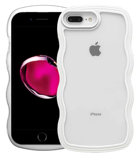 Image of GoldKart iPhone 7 Plus / 8 Plus Case Wavy Edge Clear Back Design, Anti-Slip Grip Cute Wave Curly Frame Shape Shockproof Soft TPU & Hard PC Bumper Protective Phone Case Cover for Women Girls - White