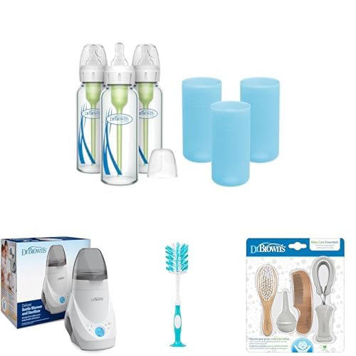 Dr. Brown's Anti-Colic Options+ Narrow Glass Baby Bottles 8oz and Level 1 Nipple, 3-Pack 0m+ and Blue Silicone Sleeves and Deluxe Bottle Warmer/Sterilizer and Brush and Care Essentials Kit