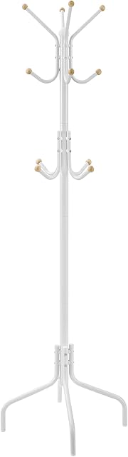 SONGMICS Metalowy wieszak na ubrania z 12 haczykami, garderoba, 4 nogi, wieszak na płaszcze, kapelusze, torby, do korytarza, sypialni, biura, biały RCR031W01