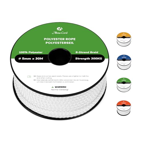 Abma Cord Polyester Rope 5mm x 30m Diamond Braided Cord on Spool - White