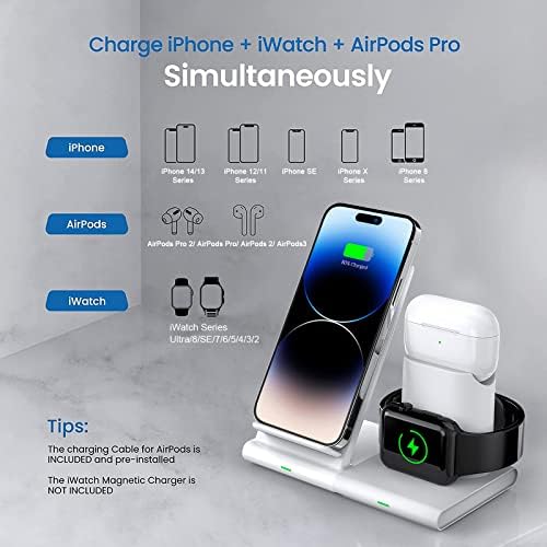 Hoidokly 3 in 1 Wireless Charger Stand, Fast Charging Station Qi Charging Dock for 14/14 Pro/13/13 Pro Max/12/12 Pro/11/XS Max/XR/X/8/8P, iWatch, Airpods Pro/2/3, Samsung S22+/S22/21/20 FE(No Adapter)