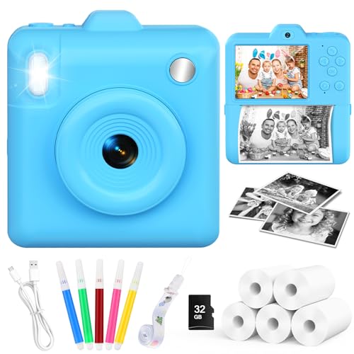 Uionvo Appareil Photo Instantané Enfant - 1080P Hd Appareil Photo Enfant CaméRa VidéO Avec 5 Rouleaux Papier D'impression Thermique/Carte 32Gb,Cadeau Jouet De NoëL Pour Filles Et GarçOns 3-12 Ans,Bleu-image