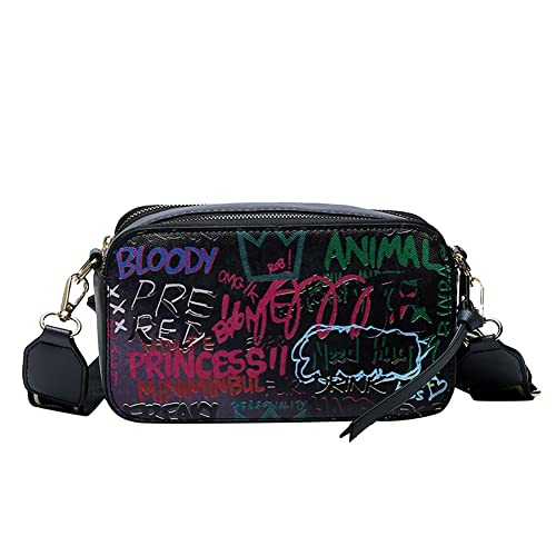 PU Leather Graffiti Square Bag, Large-capacity Tassel Bag, Shoulder Messenger Bag, Double Zipper Adjustable Wallet