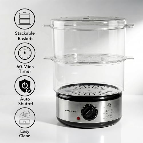 OVENTE 2 Tier Electric Food Steamer for Cooking Vegetables, Stainless Steel Base, Stackable and Dishwasher Safe Baskets, 400W with Auto Shutoff and 60-Minute Timer, 5 Quart Capacity, Silver FS62S by OVENTE - Image 2