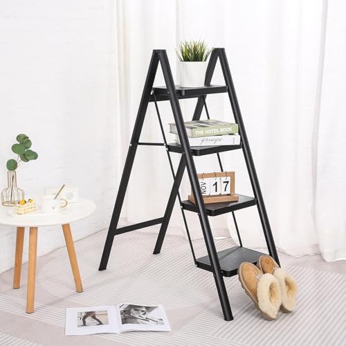Image of Ladder 4 Step Folding,150KG Capacity Sturdy Ladder Small Stool for Adults, Closet Step Stool Anti-Slip Wide Pedals, Portable Folding for Home Kitchen Office (4 Step - Black)